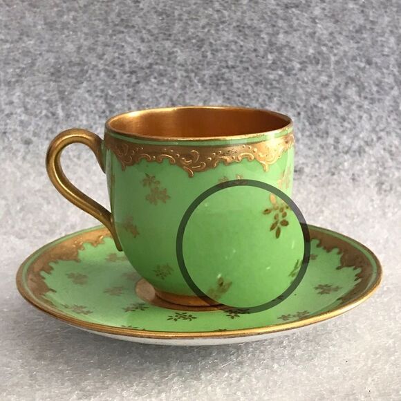 Coalport England Green Gold Gilt Embossed Trim Floral Demitasse Cup & Saucer Set - Picture 6 of 16